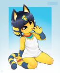  animal_crossing ankha_(animal_crossing) clothing domestic_cat felid feline felis female fenixman12 fur hi_res licking mammal nintendo self_lick simple_background solo tongue tongue_out yellow_body yellow_fur 