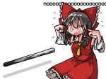  1girl black_hair bow detached_sleeves dot_nose flying_sweatdrops frilled_bow frilled_hair_tubes frills hair_bow hair_tubes hakurei_reimu industrial_pipe kasuya_baian lead_pipe open_mouth red_bow red_eyes red_skirt ribbon_trim skirt solo touhou 