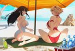  2girls absurdres ass barefoot beach beach_towel beach_umbrella bikini black_hair blonde_hair blue_sky bottle breasts cloud cooler day floating_hair full_body green_tea highres ice ice_cube inoue_takina large_breasts long_hair lycoris_recoil medium_breasts multiple_girls nishikigi_chisato one-piece_swimsuit outdoors palm_tree plastic_bottle purple_eyes ramune red_bikini red_eyes sand_castle sand_sculpture short_hair sitting sky solar_(happymonk) swimsuit tea towel tree umbrella white_one-piece_swimsuit 