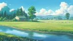  absurdres blue_sky brick_wall bush chinese_commentary cloud day didikaka dirt_road field flower forest grass highres house landscape mountain mountainous_horizon nature no_humans original outdoors river road rural scenery sky summer tree utility_pole 