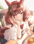 1girl absurdres animal_ears blush brown_eyes chair closed_mouth ear_covers food fork highres horse_ears horse_girl horse_tail medium_hair nice_nature_(umamusume) pancake plate red_hair shirt short_sleeves sitting sky_cappuccino smile solo tail two_side_up umamusume white_shirt 