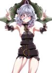  1girl :&gt; absurdres ahoge armpits bare_shoulders belt black_belt black_leotard blue_nails breasts briar_(league_of_legends) chained_wrists colored_sclera cowboy_shot fang grey_eyes grey_hair hands_up happy highres large_breasts league_of_legends legs_apart leotard medium_hair moohyungking nail_polish pointy_ears red_sclera simple_background smile white_background 