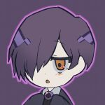  1boy ascot avatar_icon black_ascot brooch coat coco_(556ch0cl8) collared_shirt gem halftone halftone_background highres jewelry library_of_ruina portrait project_moon purple_background purple_coat purple_gemstone purple_hair shirt solo yesod_(project_moon) 