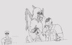  anthro clothed clothing dinosaur duo english_text eyewear feathered_wings feathers female hair hand_holding hat headgear headwear hi_res human long_hair looking_at_viewer male mammal pterodactylus pterosaur reptile scalie snoot_game_(fan_game) sunglasses text tusk_(snoot_game) unknown_artist wings 