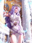  1girl artist_name bare_shoulders breasts bug butterfly camilla_(adrift)_(fire_emblem) camilla_(fire_emblem) commentary covered_navel detached_sleeves dress english_commentary esther_shen fake_horns fire_emblem fire_emblem_fates fire_emblem_heroes gold_horns hair_ornament hair_over_one_eye horns lips long_hair looking_at_viewer medium_breasts official_alternate_costume one_eye_covered parted_lips pelvic_curtain pink_lips purple_eyes purple_hair purple_nails solo water wavy_hair white_dress 