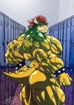  2023 absurd_res anthro back_muscles barazoku barely_visible_genitalia barely_visible_penis biceps big_butt big_muscles bowser bowser_day bracelet butt deltoids eyebrows frown genitals hair hamstrings hi_res horn huge_butt huge_muscles huge_thighs inside jewelry koopa kyuuhari locker_room looking_at_viewer looking_back looking_back_at_viewer male manly mario_bros muscular muscular_anthro muscular_male nintendo nipple_piercing nipple_ring nipples non-mammal_nipples nude pecs penis piercing quads ring_piercing scalie signature solo spiked_bracelet spiked_tail spikes spikes_(anatomy) standing tail teeth thick_thighs triceps vein veiny_muscles 