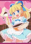  1girl :d absurdres alternate_costume apron batter blonde_hair blue_bow blue_bowtie blue_dress blue_eyes blue_ribbon blunt_bangs blush bow bowtie chocolate dress eyelashes feet_out_of_frame female_child frilled_apron frilled_dress frills hair_ribbon hand_up heart highres holding inou_shin joints long_hair looking_at_viewer mega_man_(series) mixing_bowl non-web_source open_mouth page_number pink_background ponytail puffy_short_sleeves puffy_sleeves ribbon robot_joints roll_(mega_man) scan shadow short_sleeves sidelocks smile solo spatula 