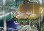  animal_focus black_eyes cattail fuju1012 highres holding holding_leaf leaf leaf_umbrella no_humans nostrils outdoors partially_submerged plant pokemon pokemon_(creature) poliwag psyduck rain ripples riverbank twitter_username water_drop 