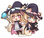  2girls :3 :d animal animal_ears black_cat_(little_witch_nobeta) black_dress black_headwear blue_eyes blue_hair brown_footwear cat chibi cosplay dog_ears dog_girl dog_tail dress fuwawa_abyssgard hat highres holding holding_animal holding_cat hololive hololive_english long_hair looking_at_viewer master117 medium_hair mococo_abyssgard multicolored_hair multiple_girls nobeta nobeta_(cosplay) open_mouth pink_eyes pink_hair shoes siblings sidelocks sisters smile streaked_hair tail transparent_background twins virtual_youtuber witch witch_hat 