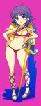  1girl :o absurdres armlet ass_visible_through_thighs athena_(series) bare_shoulders bikini breasts chestnut_mouth cleavage full_body gladiator_sandals gold_hairband hairband hand_on_own_hip highres legs_apart looking_up medium_breasts muramasa_mikado navel open_mouth pink_bikini princess_athena purple_eyes purple_footwear purple_hair sandals shield short_hair single_bare_arm solo standing swimsuit sword underboob weapon 