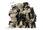  armband eyes_closed gakuran greyscale hat jacket jean_pierre_polnareff jojo_no_kimyou_na_bouken joseph_joestar kujo_jotaro monochrome pants school_uniform short_hair simple_background 