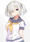  1girl alternate_hairstyle blue_eyes breasts buttons closed_mouth grey_hair grey_sailor_collar grey_skirt hair_over_one_eye hamakaze_(kancolle) kantai_collection looking_at_viewer medium_breasts mitsuyo_(mituyo324) neckerchief sailor_collar short_sleeves simple_background skirt solo twintails upper_body white_background yellow_neckerchief 
