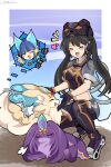  2girls animal_ears black_hair blue_hair blush blush_stickers cat_ears crop_top duel_monster fake_tail full_body hat highres i:p_masquerena long_hair midriff mochi_curry multiple_girls ni-ni_the_mirror_mikanko one_eye_closed open_mouth pants petting pokemon_(creature) purrely purrelyly roller_skates short_hair short_sleeves skates smile squatting tail thumbs_up twintails yu-gi-oh! 