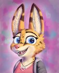  abstract_background anthro blue_eyes braces brown_body brown_fur brown_spots clothed clothing felid feline female fur hi_res looking_at_viewer lucy_(sloppy) mammal open_mouth open_smile s1m serval signature smile solo spots spotted_body spotted_fur teeth tongue yellow_body yellow_fur 