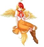  1girl absurdres animal animal_on_head bird bird_on_hand bird_on_head bird_tail bird_wings blonde_hair blush boots brown_footwear buttons chick closed_mouth dress feathered_wings full_body highres knee_boots ldschem16 multicolored_hair niwatari_kutaka on_head orange_dress red_eyes red_hair shirt short_hair short_sleeves simple_background smile solo tail touhou two-tone_hair white_background white_shirt wings yellow_wings 