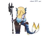  1girl blonde_hair blue_hair commission commissioner_upload dragon_girl dragon_tail gradient_hair highres holding holding_weapon indie_virtual_youtuber lcron long_hair multicolored_hair non-web_source sitting solo tail tail_strap virtual_youtuber weapon zeta_(vtuber) 