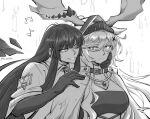  2girls antlers arknights arturia_(arknights) breasts commentary dlanon gloves greyscale grin hair_ornament large_breasts long_hair monochrome multiple_girls musical_note one_eye_closed smile upper_body very_long_hair viviana_(arknights) white_background x_hair_ornament 