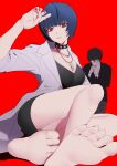 1boy 1girl amamiya_ren arm_up bare_legs barefoot black_choker black_dress black_hair blue_hair breasts choker closed_mouth coat collarbone collared_coat cowlick crossed_legs dress eyelashes feet foot_focus foreshortening full_body glasses hands_up highres igusaharu jewelry kosei_high_school_uniform lab_coat legs long_sleeves looking_at_viewer medium_breasts nail_polish necklace on_ground open_clothes open_coat own_hands_together persona persona_5 red_background red_eyes red_nails school_uniform shadow short_dress short_hair sidelocks simple_background sitting sleeves_rolled_up soles studded_choker takemi_tae thighs toenail_polish toenails toes twitter_username white_coat 