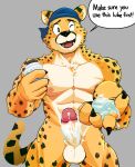  abs anthro balls bandanna biceps blue_bandana blue_bandanna blue_kerchief bodily_fluids cheetah chest_tuft deltoids english_text felid feline friendly fur genital_fluids genitals grey_background heffy038 hi_res holding_object humanoid_genitalia humanoid_hands humanoid_penis kerchief looking_at_viewer lube male mammal muscular muscular_anthro muscular_male nipples nude open_mouth pecs penis precum simple_background smile solo speech_bubble spots spotted_body spotted_fur tail text tuft white_balls yellow_body yellow_fur 