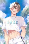  1boy 2023 abs bishounen brown_eyes eiden_(nu_carnival) jewelry light_brown_hair looking_at_viewer male_focus necklace nu_carnival open_mouth owner_bird palm_leaf shirt short_hair short_sleeves solo white_shirt 