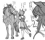  2girls animal_ears bandaid bandaid_on_face bandaid_on_nose bob_cut check_translation commentary creature_and_personification frilled_skirt frills greyscale highres horse horse_ears horse_girl horse_tail loafers monochrome mouth_hold multiple_girls narita_brian_(racehorse) narita_brian_(umamusume) pleated_skirt puffy_short_sleeves puffy_sleeves real_life sailor_collar sailor_shirt sakura_laurel_(umamusume) school_uniform serafuku shaded_face shirt shoes short_hair short_sleeves simple_background skirt stalk_in_mouth tail takatsuki_nato tracen_school_uniform translation_request trembling umamusume white_background 