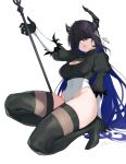  1girl 2b_(nier:automata) 2b_(nier:automata)_(cosplay) asymmetrical_horns black_blindfold black_gloves black_hair black_thighhighs blindfold blue_hair breasts cleavage cleavage_cutout clothing_cutout colored_inner_hair cosplay dasdokter demon_horns dress gloves hair_ornament highres hololive hololive_english horns juliet_sleeves large_breasts leotard long_hair long_sleeves looking_at_viewer multicolored_hair nerissa_ravencroft puffy_sleeves solo thighhighs two-tone_hair uneven_horns virtual_youtuber weapon white_leotard 