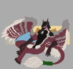  anthro balls claws dragon feathered_dragon feathered_wings feathers genitals hi_res horn male mordorinka muscular muscular_anthro muscular_male mythology nude penis scalie simple_background sitting solo wings 