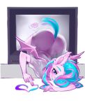  &lt;3 absurd_res anthro bat_pony blue_hair blue_lips butt clothing equid fan_character fur hair hasbro hi_res lips mammal multicolored_hair my_little_pony pink_body pink_fur pink_hair purple_eyes rico_chan sweetie_swirl_(twilybutt) television translucent translucent_clothing two_tone_hair 