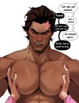  2boys absurdres anger_vein bara black_hair blush closed_eyes dark-skinned_male dark_skin english_text grabbing groping highres large_pectorals male_focus marvel miguel_o&#039;hara multiple_boys muscular muscular_male nipples open_mouth p1nkmic pectoral_grab pectorals peter_b_parker short_hair solo_focus spanish_text spider-man:_across_the_spider-verse spider-man_(series) spider-verse twitter_username upper_body yaoi 