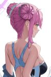  1girl absurdres armpit_crease back blue_archive blush breasts dubeaduver frilled_ribbon frills from_behind hair_bun hair_ornament halo highres mika_(blue_archive) pink_hair profile ribbon simple_background skindentation smile swimsuit white_background 