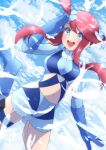  1girl absurdres blue_eyes blue_gloves blue_shorts blue_sky breasts cloud crop_top feathers gloves highres looking_at_viewer midriff navel pokemon pokemon_(game) pokemon_bw red_hair refisa shorts sky skyla_(pokemon) smile solo thigh_pouch 