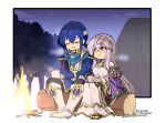  blue_hair brother_and_sister campfire camping drink fire fire_emblem fire_emblem:_genealogy_of_the_holy_war forest holding holding_drink julia_(fire_emblem) log nature purple_eyes purple_hair seliph_(fire_emblem) siblings sitting_on_log tent yukia_(firstaid0) 