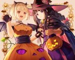  aoi_hane black_hair blonde_hair bow braid cape dress fake_horns fake_wings hair_bow halloween halloween_costume hat horns inoue_takina jack-o&#039;-lantern long_hair looking_at_viewer lycoris_recoil nishikigi_chisato orange_dress outstretched_hand purple_dress purple_eyes red_bow red_eyes short_hair signature smile trick-or-treating wings witch_hat 