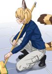  1girl alternate_costume animal_ear_fluff animal_ears black_footwear blonde_hair blue_shirt boots commentary extra_ears from_side full_body highres kemono_friends long_sleeves mop on_one_knee pants profile serval_(kemono_friends) shirt short_hair solo squatting tanabe_(fueisei) tile_floor tiles white_pants yellow_eyes 