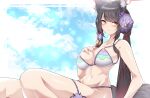  1girl absurdres animal_ears bare_arms bare_shoulders bikini black_hair blue_archive breasts commentary_request fox_ears hand_on_own_chest highres large_breasts long_hair looking_at_viewer navel samip sitting smile solo stomach swimsuit thighs very_long_hair wakamo_(blue_archive) yellow_eyes 