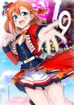  1girl birthday blue_eyes blush braid clenched_hand highres kousaka_honoka long_sleeves looking_at_viewer love_live! love_live!_school_idol_project medium_hair miniskirt one_side_up open_hand orange_hair side_braid skirt smile solo upper_body zero-theme 