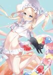  1girl abigail_williams_(fate) abigail_williams_(swimsuit_foreigner)_(fate) abigail_williams_(swimsuit_foreigner)_(third_ascension)_(fate) absurdres armpits arms_behind_head arms_up bare_shoulders bikini black_cat blonde_hair blue_eyes blush bonnet bow breasts cat fate/grand_order fate_(series) forehead hair_bow highres innertube long_hair looking_at_viewer miniskirt misaki346 navel open_mouth parted_bangs sidelocks skirt small_breasts solo swimsuit twintails very_long_hair white_bikini white_bow white_headwear 