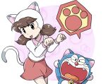  1girl bell blush brown_hair doraemon doraemon_(character) fangs highres jingle_bell long_sleeves minamoto_shizuka neck_bell open_mouth paw_pose paw_print red_nose red_skirt shirt skirt spoken_paw tongue tongue_out truth-pp twintails white_shirt white_tail 