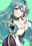  1girl aqua_hair armor blush breasts chloe_(fire_emblem) cleavage commentary_request elbow_gloves fire_emblem fire_emblem_engage gloves green_background green_eyes highres long_hair looking_at_viewer one_side_up roroichi shoulder_armor solo upper_body very_long_hair white_gloves 