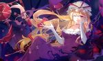  1girl absurdres blonde_hair breasts cleavage closed_eyes collarbone diving_penguin dress elbow_gloves gloves hair_between_eyes hat hat_ribbon highres large_breasts long_hair mob_cap one_eye_closed open_mouth purple_dress red_ribbon ribbon road_sign short_sleeves sign solo stop_sign touhou white_gloves white_headwear yakumo_yukari yellow_eyes 