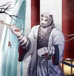  1boy absurdres alternate_costume alternate_facial_hair animal_ears any_(7624455) arknights bara beard facial_hair feet_out_of_frame floral_print furry furry_male highres holding holding_smoking_pipe japanese_clothes kimono large_pectorals looking_at_viewer male_focus mountain_(arknights) muscular muscular_male pectoral_cleavage pectorals print_kimono scar scar_across_eye short_hair smile smoking_pipe solo standing thick_eyebrows tiger_boy tiger_ears tiger_stripes white_fur white_hair white_kimono 