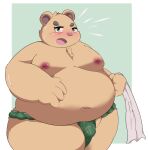  2023 anthro asian_clothing bear belly big_belly blush bodily_fluids clothing east_asian_clothing fundoshi green_clothing green_fundoshi green_underwear hi_res inigo_(kusosensei) japanese_clothing kemono kusosensei male mammal moobs nipples obese obese_male overweight overweight_male solo sweat towel underwear 