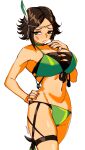  3amsoda artist_name bikini black_tube_top blush breasts choker cleavage collarbone english_commentary feather_hair_ornament feathers fire_emblem fire_emblem_awakening fire_emblem_heroes green_bikini green_choker groin hair_ornament hand_on_own_chest hand_on_own_hip highres large_breasts looking_to_the_side nervous noire_(fire_emblem) noire_(summer)_(fire_emblem) parted_bangs skindentation strapless swimsuit thigh_strap tube_top 