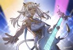  animal_ears ash_(fire_emblem) bare_shoulders breasts cow_ears cow_girl cow_horns cow_tail electric_guitar fire_emblem fire_emblem_heroes guitar highres horns instrument juria0801 medium_breasts one_eye_closed solo stage tail white_hair yellow_eyes 