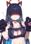  1girl alternate_costume animal_ear_fluff animal_ears animal_hands bikini black_bikini black_choker black_hair blue_archive blue_hair blunt_bangs blush breasts cat_cutout cat_ears cat_lingerie cat_tail choker cleavage clothing_cutout collarbone colored_inner_hair covered_eyes extra extra_ears flying_sweatdrops gloves hair_over_eyes halo justice_committee_club_member_(blue_archive) large_breasts long_hair meme_attire mokyutan multicolored_hair navel nose_blush paw_gloves red_halo simple_background solo straight_hair swimsuit tail two-tone_hair upper_body very_long_hair white_background 