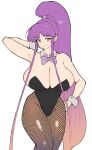  1girl arm_behind_head armpits bow bowtie breasts cleavage commission curvy eiken fishnets flat_color grey_eyes hand_on_own_hip highres huge_breasts long_hair misono_kirika norman_maggot pinup_(style) playboy_bunny ponytail purple_hair sidelocks smile solo very_long_hair wrist_cuffs 
