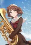  1girl absurdres brown_eyes brown_hair brown_jacket brown_skirt cloud cloudy_sky euphonium hibike!_euphonium highres holding instrument jacket kitauji_high_school_uniform ogura_(sao_no) open_mouth oumae_kumiko outdoors school_uniform short_hair skirt sky solo 