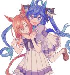  2girls @_@ ahoge animal_ears asymmetrical_bangs blue_eyes blue_hair blush braid braided_ponytail brown_eyes brown_footwear brown_hair crossed_bangs heterochromia highres horse_ears horse_girl horse_tail hug hug_from_behind ikuno_dictus_(umamusume) komasawa_(fmn-ppp) long_hair multiple_girls open_mouth petticoat purple_eyes purple_shirt round_eyewear school_uniform sharp_teeth shirt shoes short_sleeves skirt smile tail teeth thighhighs tracen_school_uniform twin_turbo_(umamusume) twintails umamusume white_background white_skirt white_thighhighs 