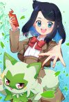  1girl :d aqua_eyes black_hair bow bowtie brown_jacket brown_skirt commentary_request falling_leaves hair_ornament hairclip highres hiragana_sherry holding holding_phone jacket leaf liko_(pokemon) looking_at_viewer open_clothes open_jacket open_mouth phone pokemon pokemon_(anime) pokemon_(creature) pokemon_horizons red_bow red_bowtie rotom rotom_phone shirt sidelocks signature skirt smile spread_fingers sprigatito teeth upper_teeth_only white_shirt 
