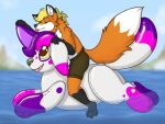  3_toes anthro canid canine duo eyes_closed feet fox fur inflatable mammal mane orange_body pool_toy symrea toes white_body yellow_eyes 